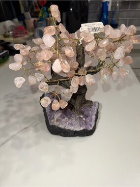 Rose Quartz Gemstone Bonsai Tree on Amethyst Base - Pink Home Art